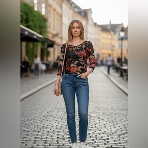 Vintage Y2K Anac by Kimmy mesh black and red floral top Size Large